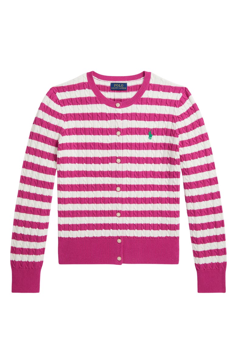 Polo Ralph Lauren Kids' Stripe Cable Stitch Cardigan, Main, color, College Pink