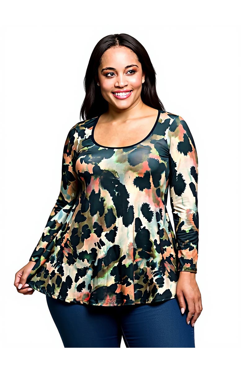 24seven Comfort Apparel Plus Size Multiprint Long Sleeve Scoop Neck A-Line Top, Main, color, Green Multi
