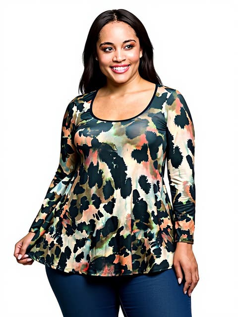 Plus Size Multiprint Long Sleeve Scoop Neck A-Line Top