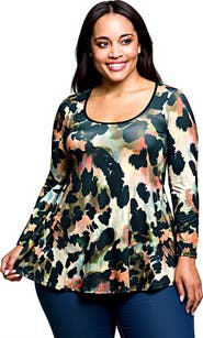 24seven Comfort Apparel Plus Size Multiprint Long Sleeve Scoop Neck A-Line Top