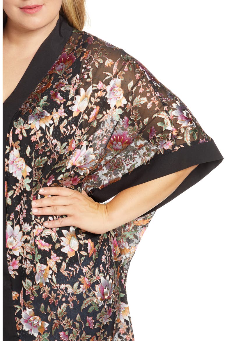 Daniel Rainn Floral Satin Burnout Open Front Topper, Alternate, color, BLACK