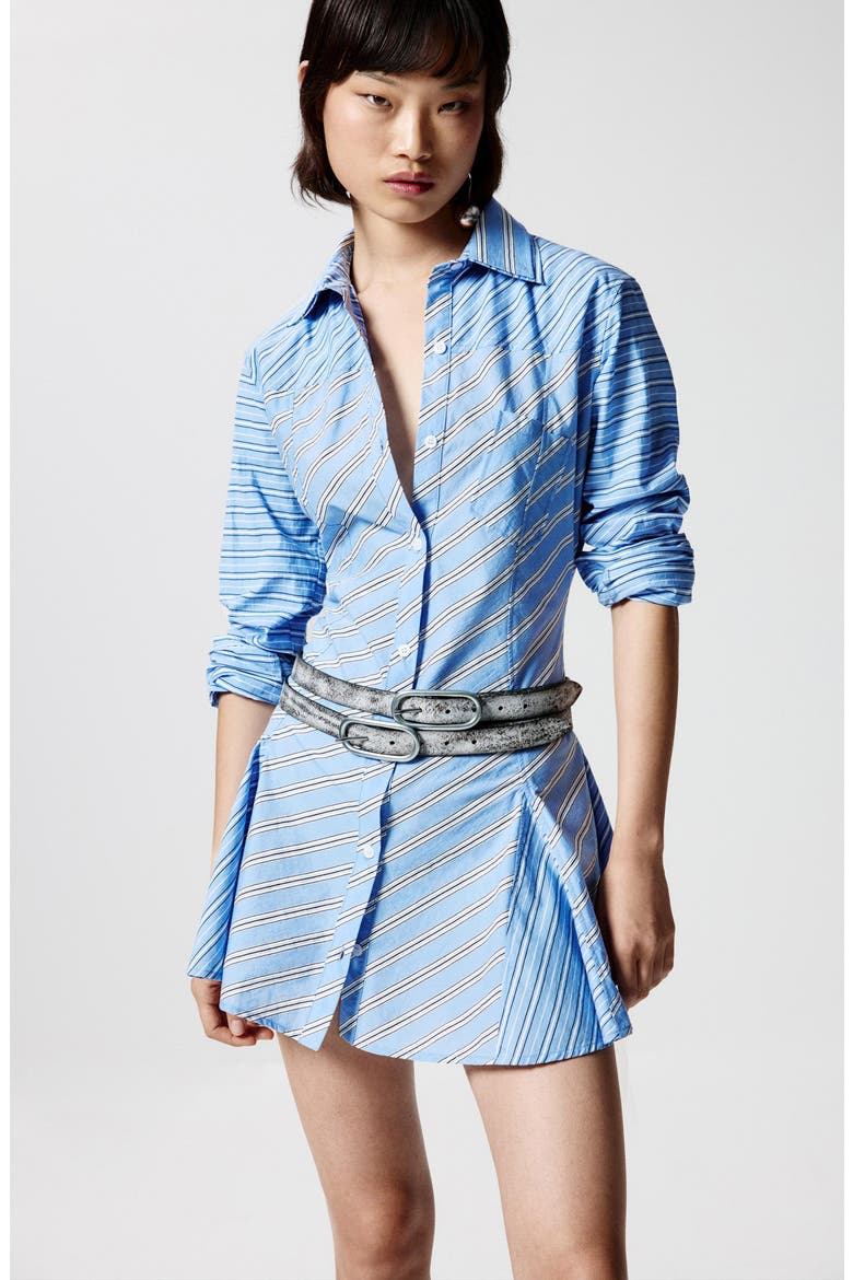 Stripe Godet Long Sleeve Cotton Poplin Mini Shirtdress, Alternate, color, BLUE/WHITE STRIPE