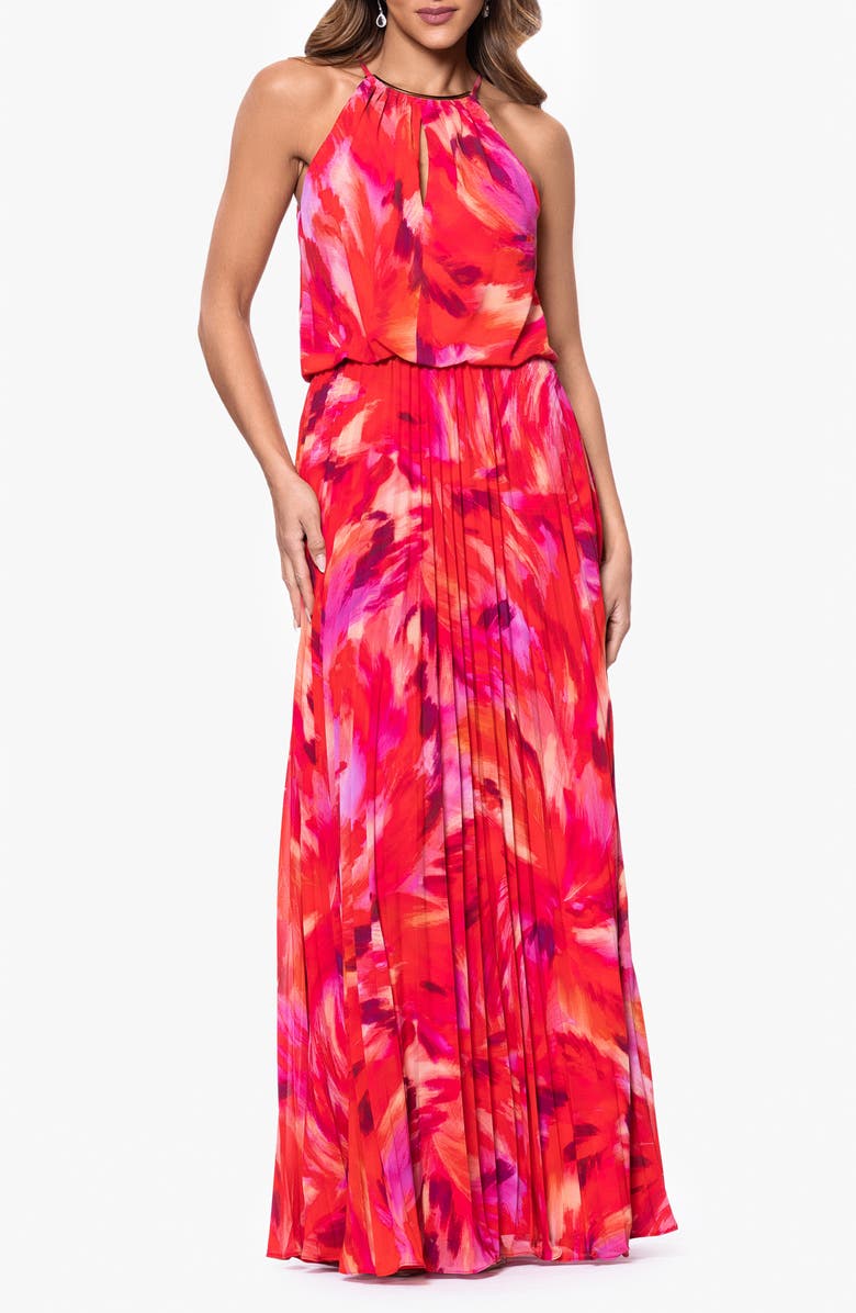 Xscape Evenings Abstract Floral Pleated Chiffon Gown, Main, color, Red/ Pink