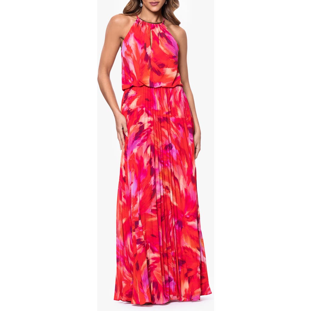 Xscape Evenings Abstract Floral Pleated Chiffon Gown