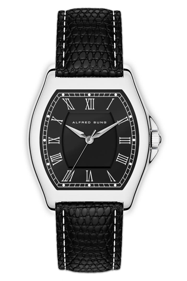 Heritage Tonneau Leather Strap Watch, 27mm x 45mm, Main, color, BLACK STRAP/BLACK DIAL