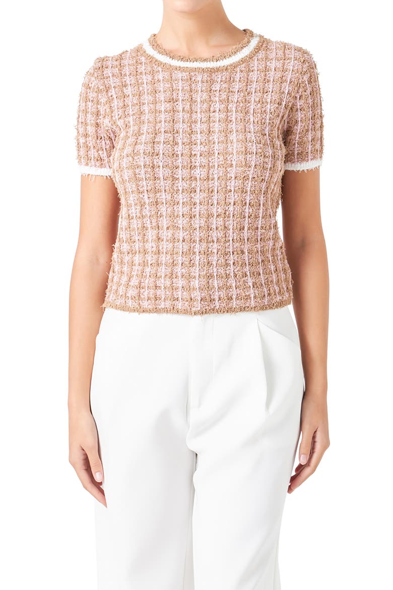 Check Tweed Sweater, Alternate, color, CAMEL/ PINK
