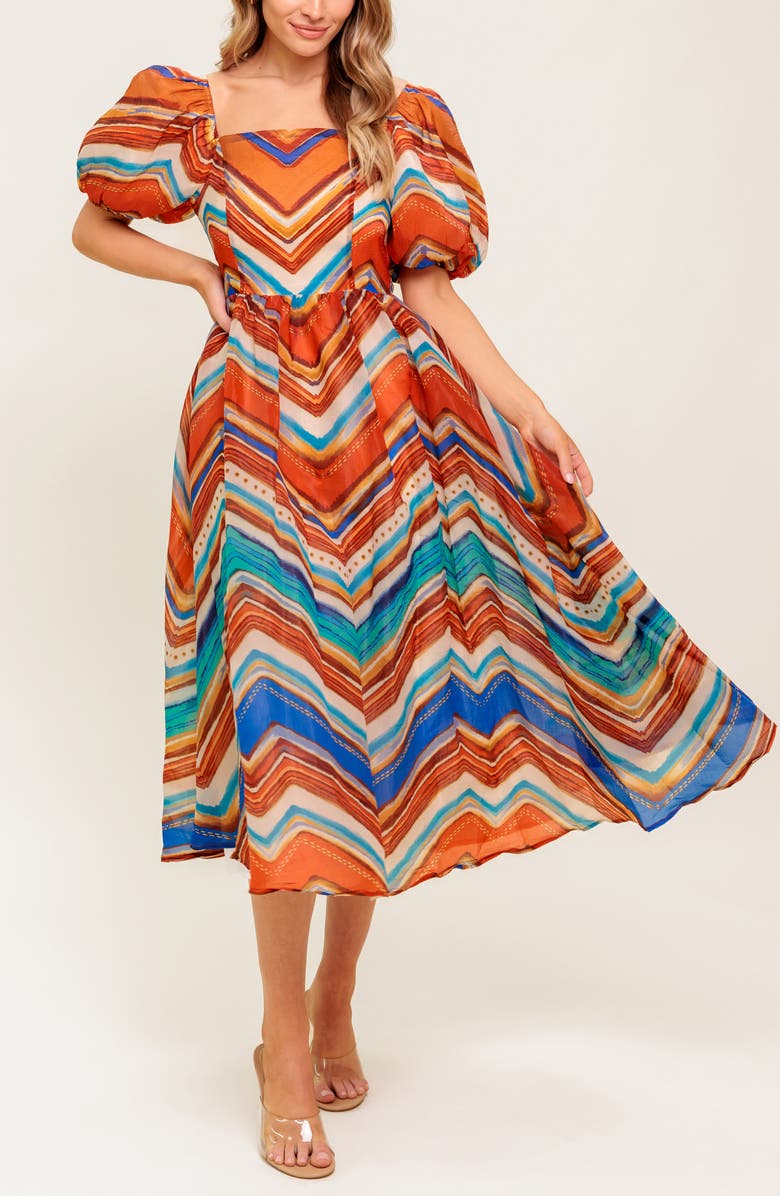 FLYING TOMATO Print Puff Sleeve Midi Dress, Alternate, color, Rust Blue