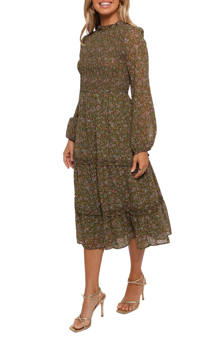 Petal & Pup Edwina Floral Long Sleeve Tiered Midi Dress, Alternate, color, Olive Floral