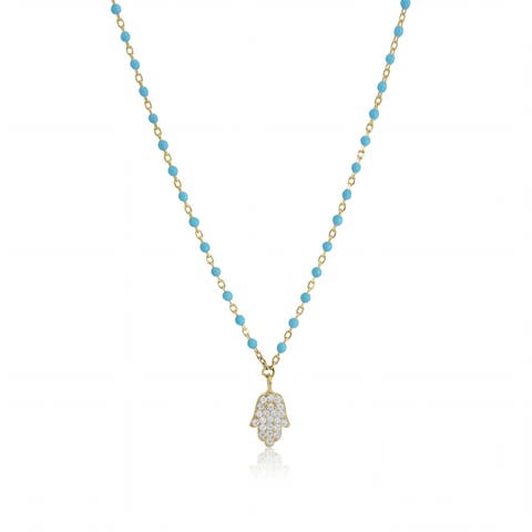 Light Blue Enamel Bead Hamsa Necklace