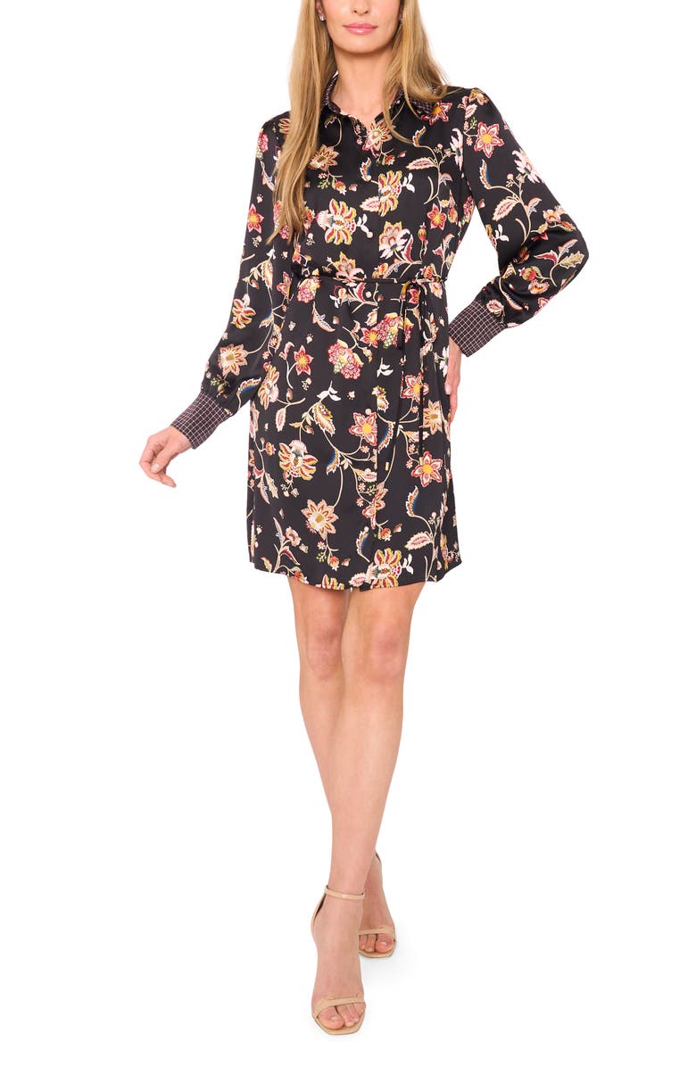 CeCe Mixed Print Tie Waist Long Sleeve Shirtdress, Alternate, color, Rich Black