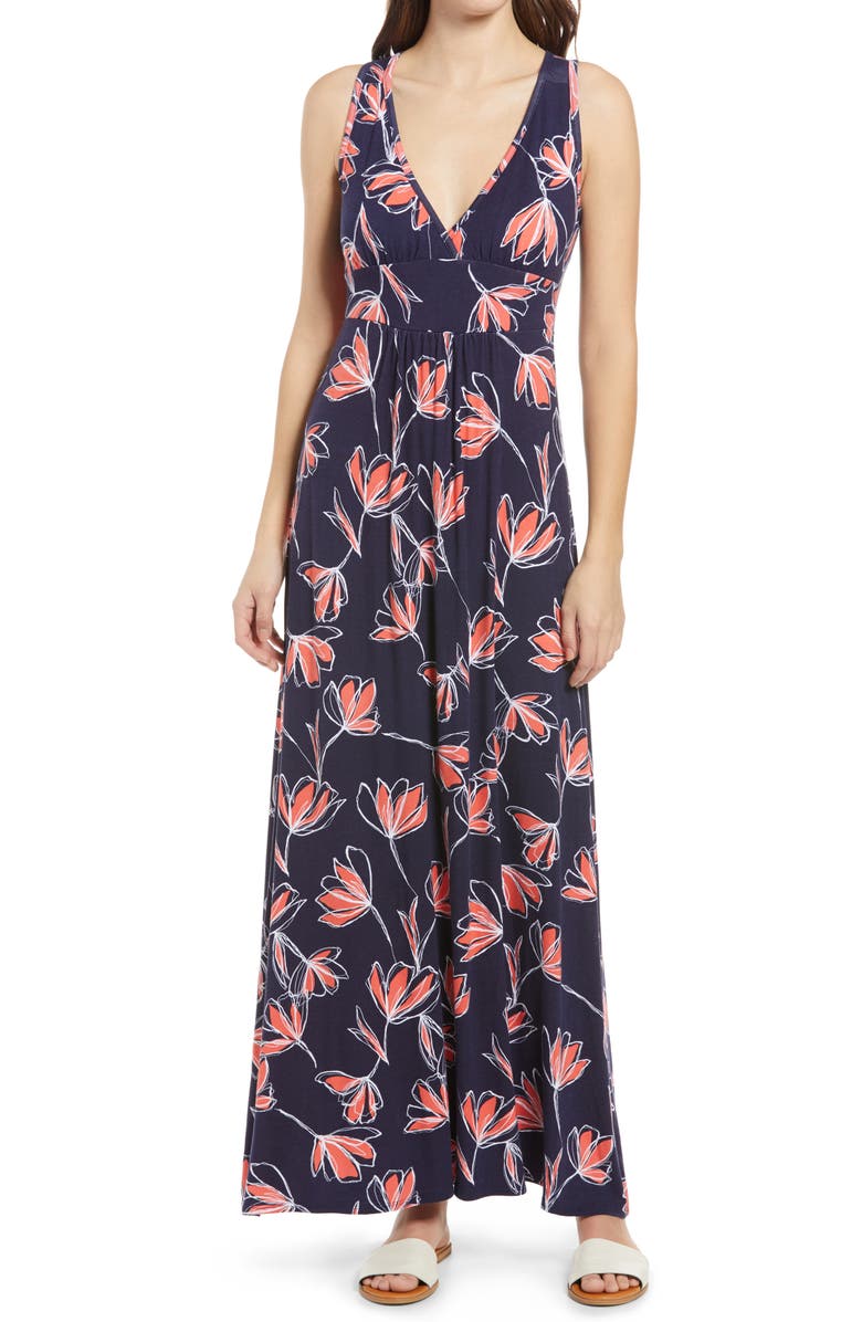 Loveappella Floral Jersey Maxi Dress, Main, color, Navy/ Coral