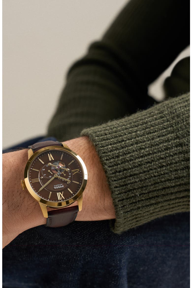 Townsman Automatic Leather Strap Watch, 44mm, Alternate, color, BROWN