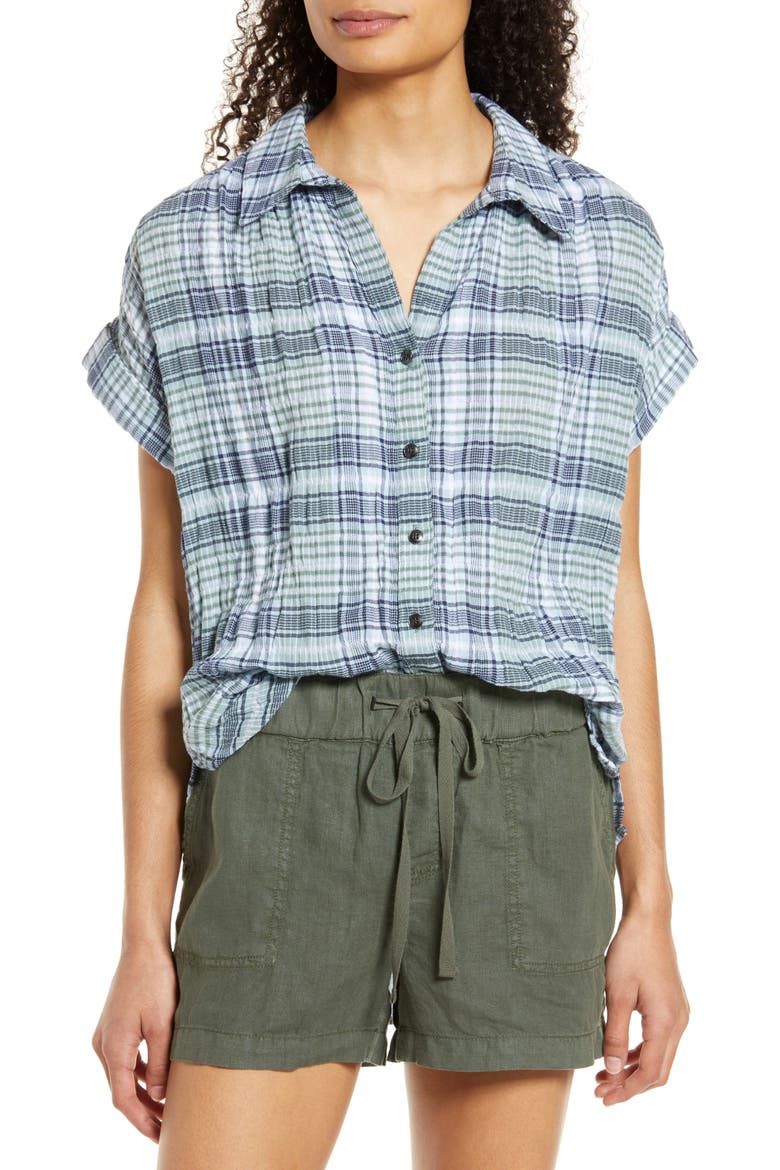Plaid Stretch Cotton Camp Shirt, Main, color, GREEN- BLUE MIA PLAID