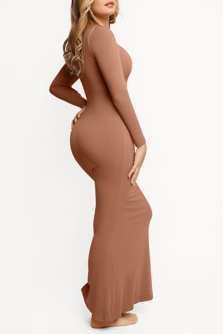Shapewear Square Neck Long Sleeve Slimming Modal Maxi Dress, Alternate, color, Chocolate
