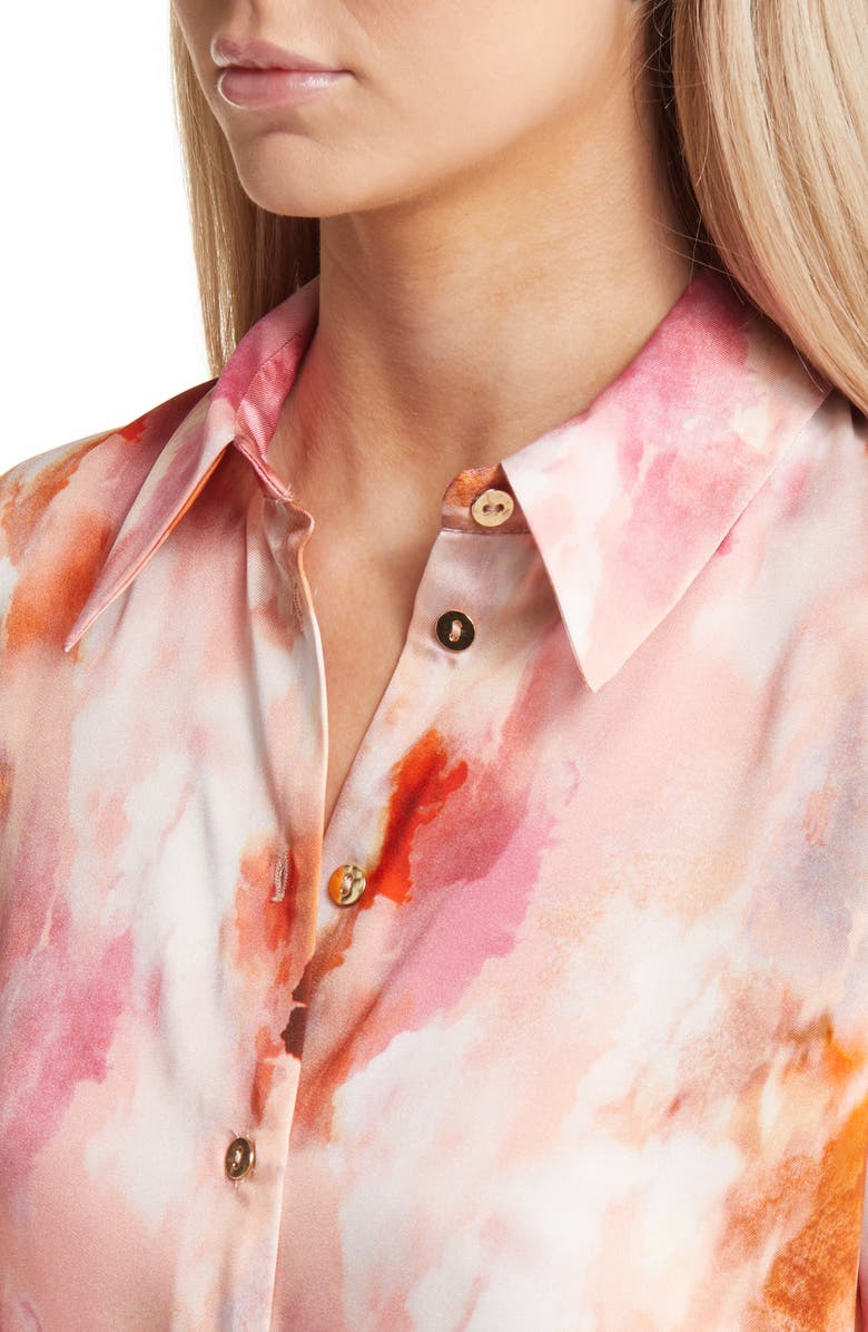 River Island Oversize Watercolor Print Satin Button-Up Blouse, Alternate, color, Pink