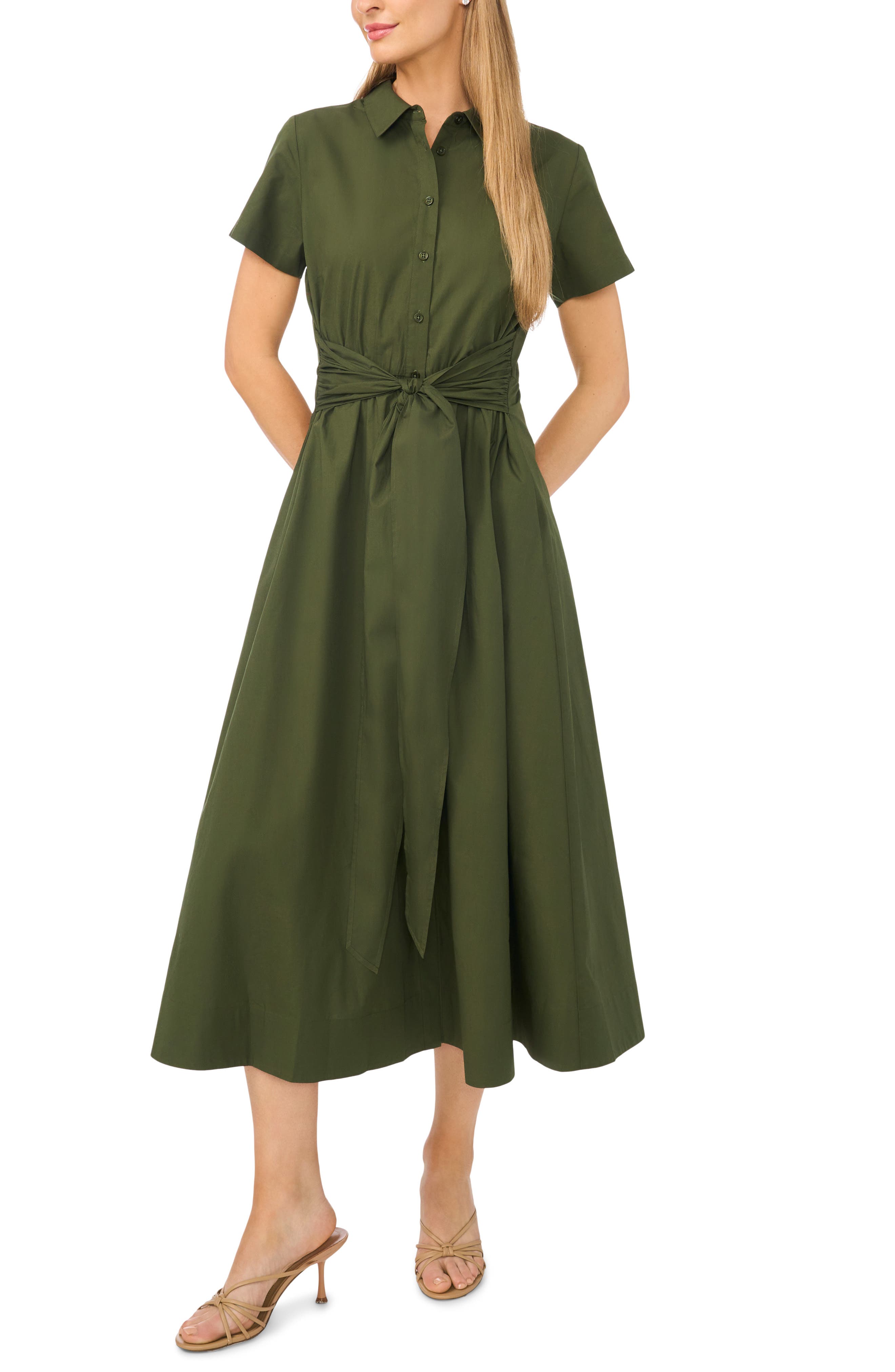 Halogenr Halogen(r) Tie Waist Cotton Shirtdress In Midnight Sage