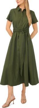 Halogen® Tie Waist Cotton Shirtdress