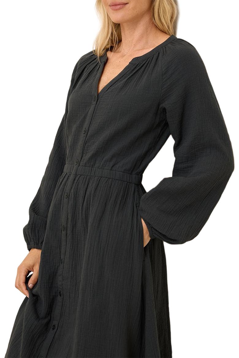 Organic Cotton Coastal Double Gauze Poet Sleeve Dress, Alternate, color, Black