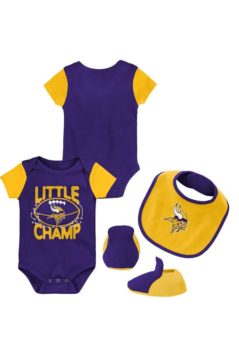 Newborn & Infant Purple/Gold Minnesota Vikings Little Champ Three-Piece Bodysuit Bib & Booties Set, Main, color, Purple