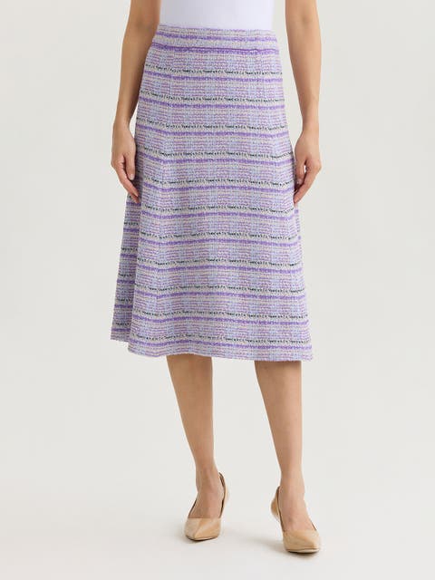 Flared Plaid Tweed Knit Midi Skirt