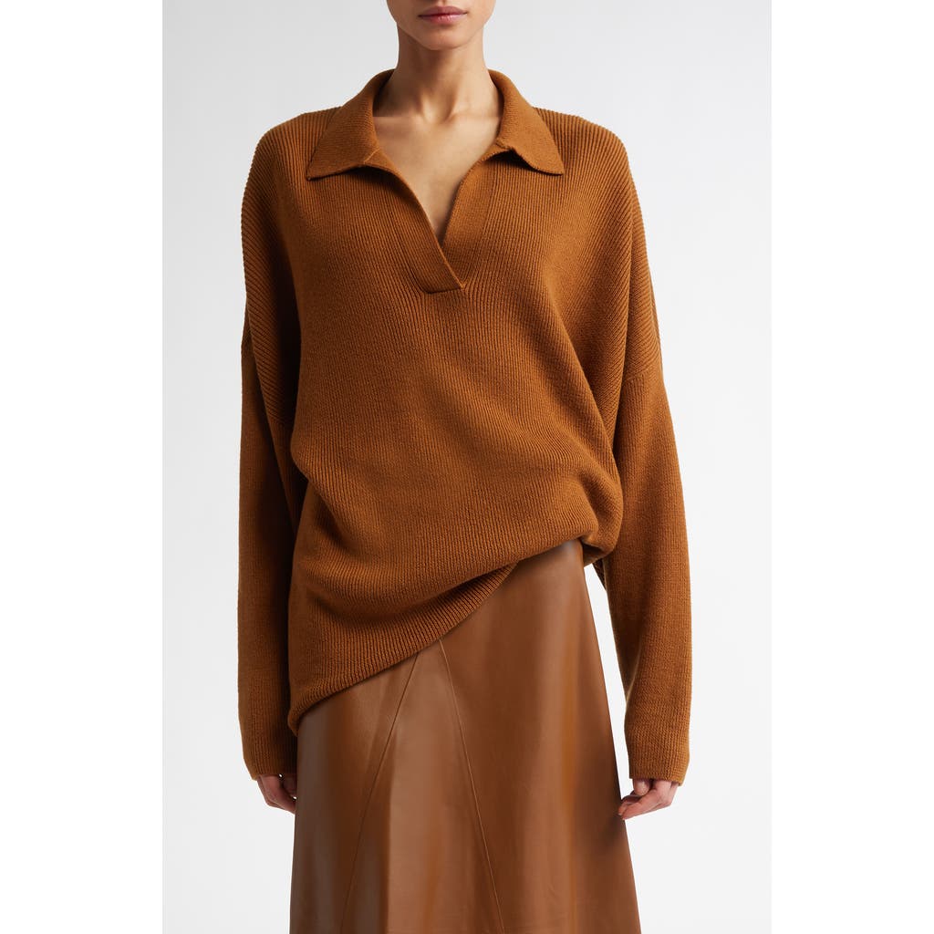 Shop Fforme Louise Merino Wool & Cashmere Rib Polo Sweater In Ochre