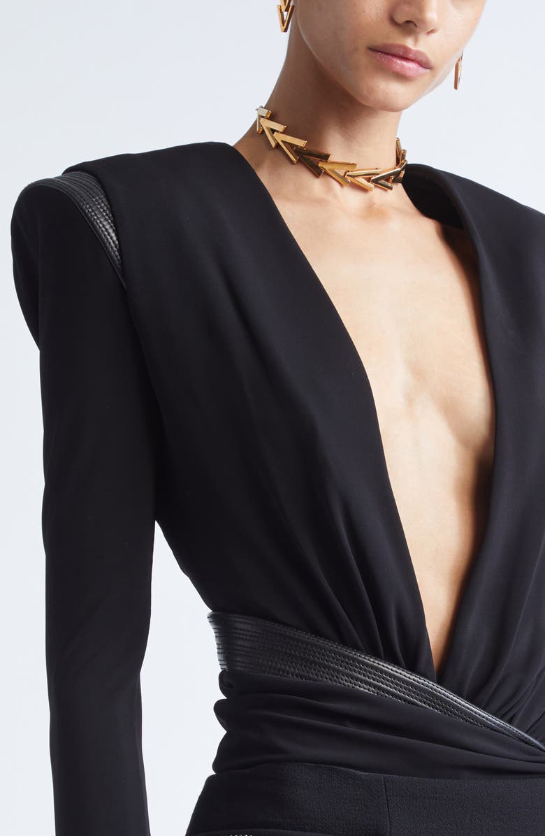 Versace Long Sleeve Jersey Faux Wrap Bodysuit, Alternate, color, Black