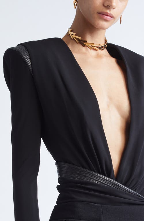 Versace Long Sleeve Jersey Faux Wrap Bodysuit In Black