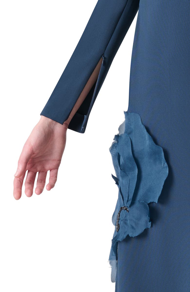 Akris 3D Flower Appliqué Long Sleeve Stretch Organza Gown, Alternate, color, Navy