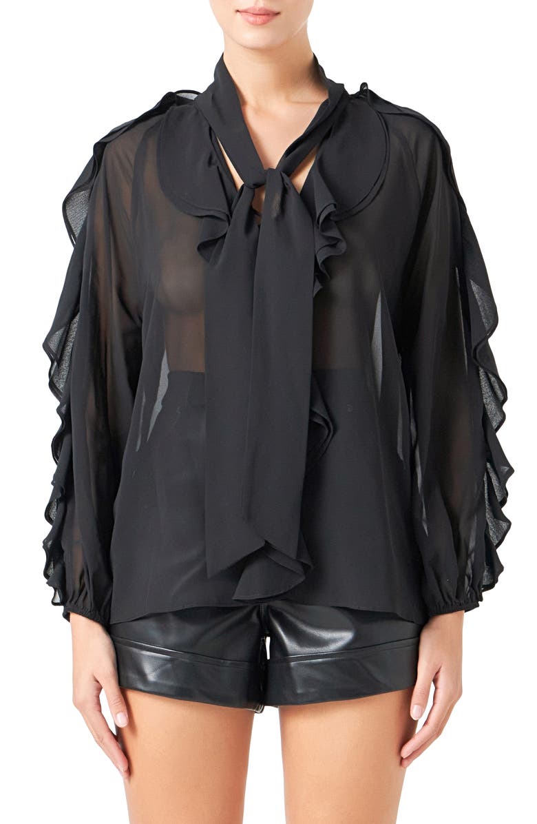 Endless Rose Sheer Chiffon Ruffle Shirt, Main, color, 