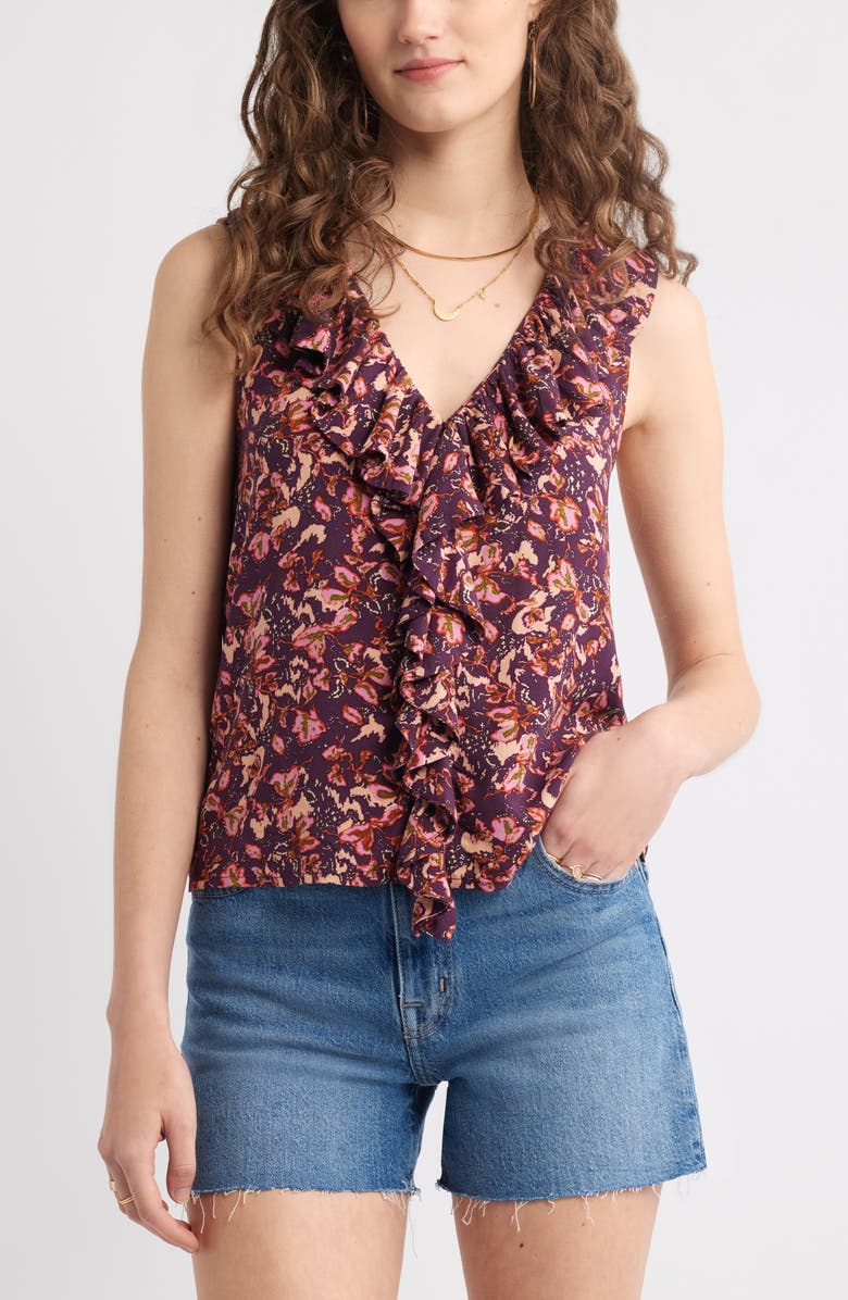 Treasure & Bond Ruffle Tank, Main, color, Purple Batik Brush
