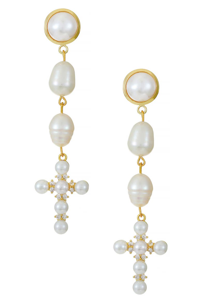 Pearl Cross Drop Earrings, Main, color, GOLD