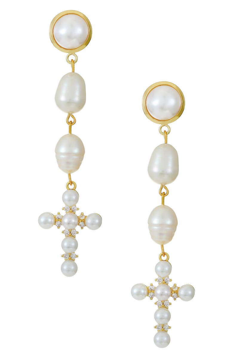 Ettika Pearl Cross Drop Earrings, Main, color, Gold