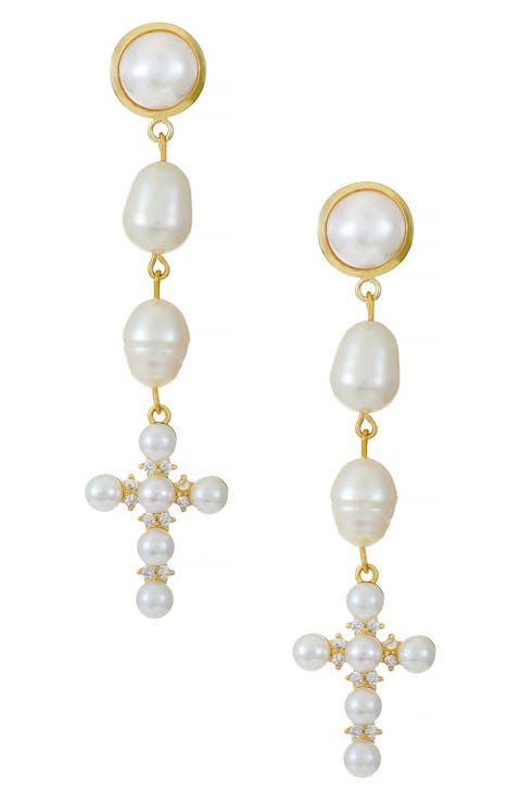 Pearl Cross Drop Earrings