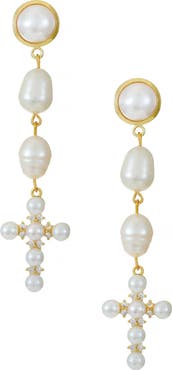 Ettika Pearl Cross Drop Earrings
