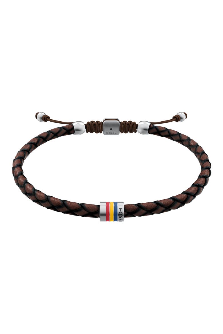 Men's Everett Enamel Woven Leather Slider Bracelet, Main, color, BROWN