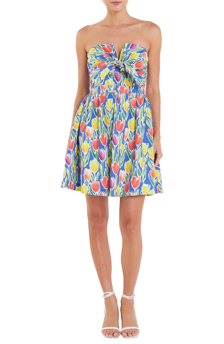English Factory Floral Tie Front Bustier Strapless Minidress, Main, color, Blue Multi