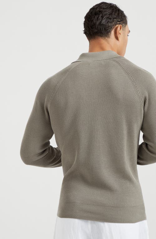 Brunello Cucinelli Cotton English-rib Polo Sweater In Khaki