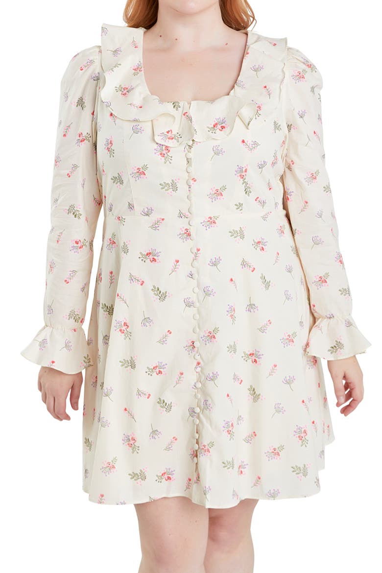 Floral Ruffle Long Sleeve Cotton Dress, Alternate, color, IVORY