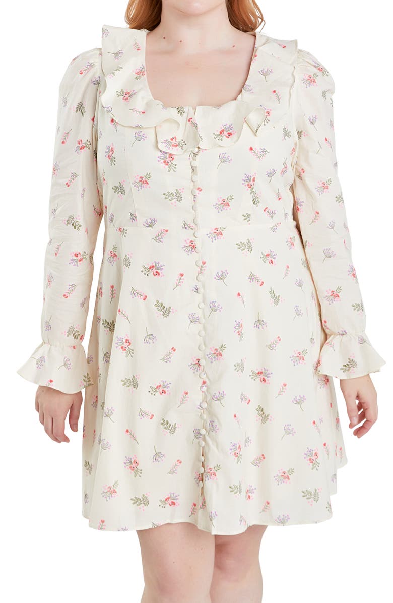 English Factory Floral Ruffle Long Sleeve Cotton Dress, Alternate, color, Ivory