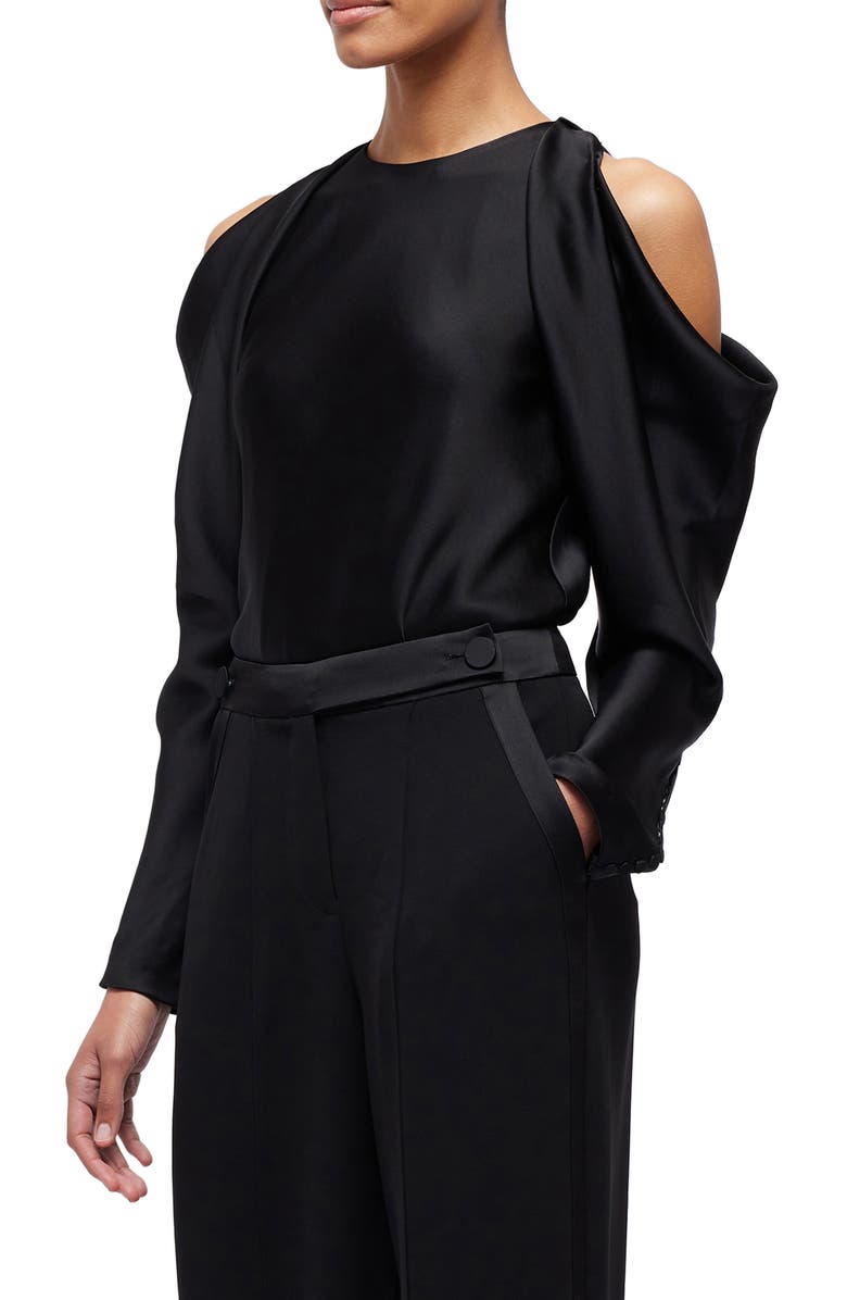 Simkhai Marisa Cold Shoulder Satin Blouse, Alternate, color, Black