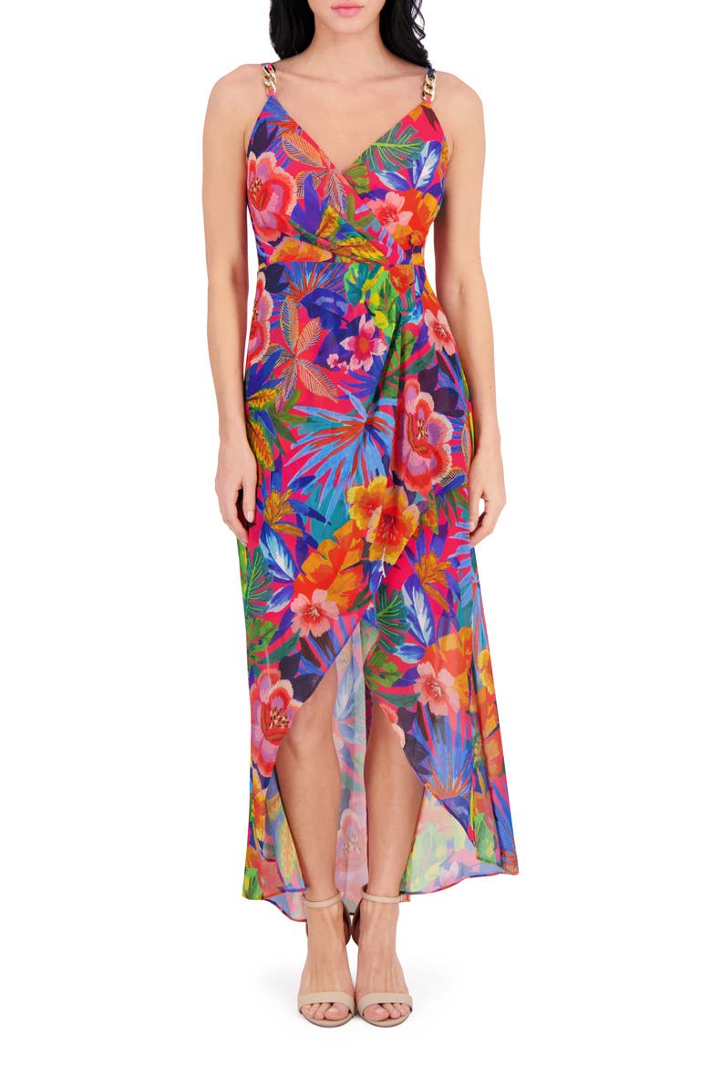 Floral Souflee Crepe Faux Wrap Midi Dress, Main, color, HOT PINK MULTI