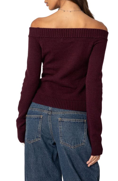 Shop Edikted Elona Off The Shoulder Long Sleeve Knit Top In Burgundy