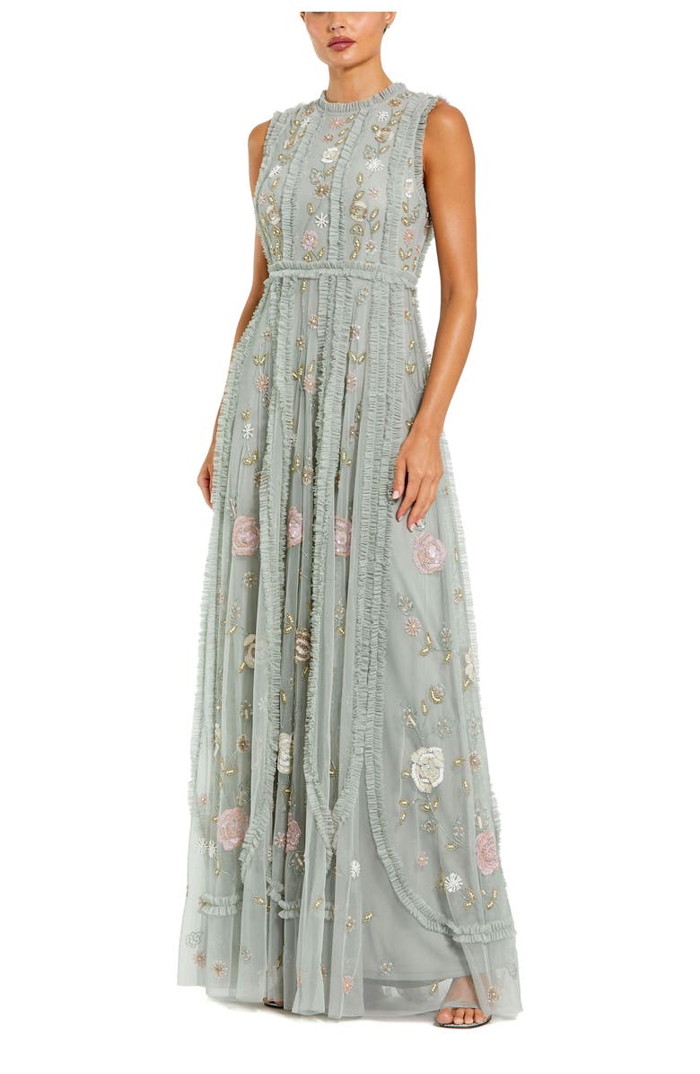 Mac Duggal Floral Mesh Sleeveless A Line Micro Ruffle Gown, Main, color, Sage Multi