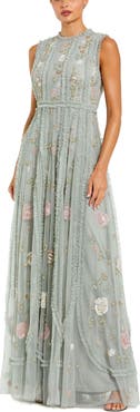 Mac Duggal Floral Mesh Sleeveless A Line Micro Ruffle Gown