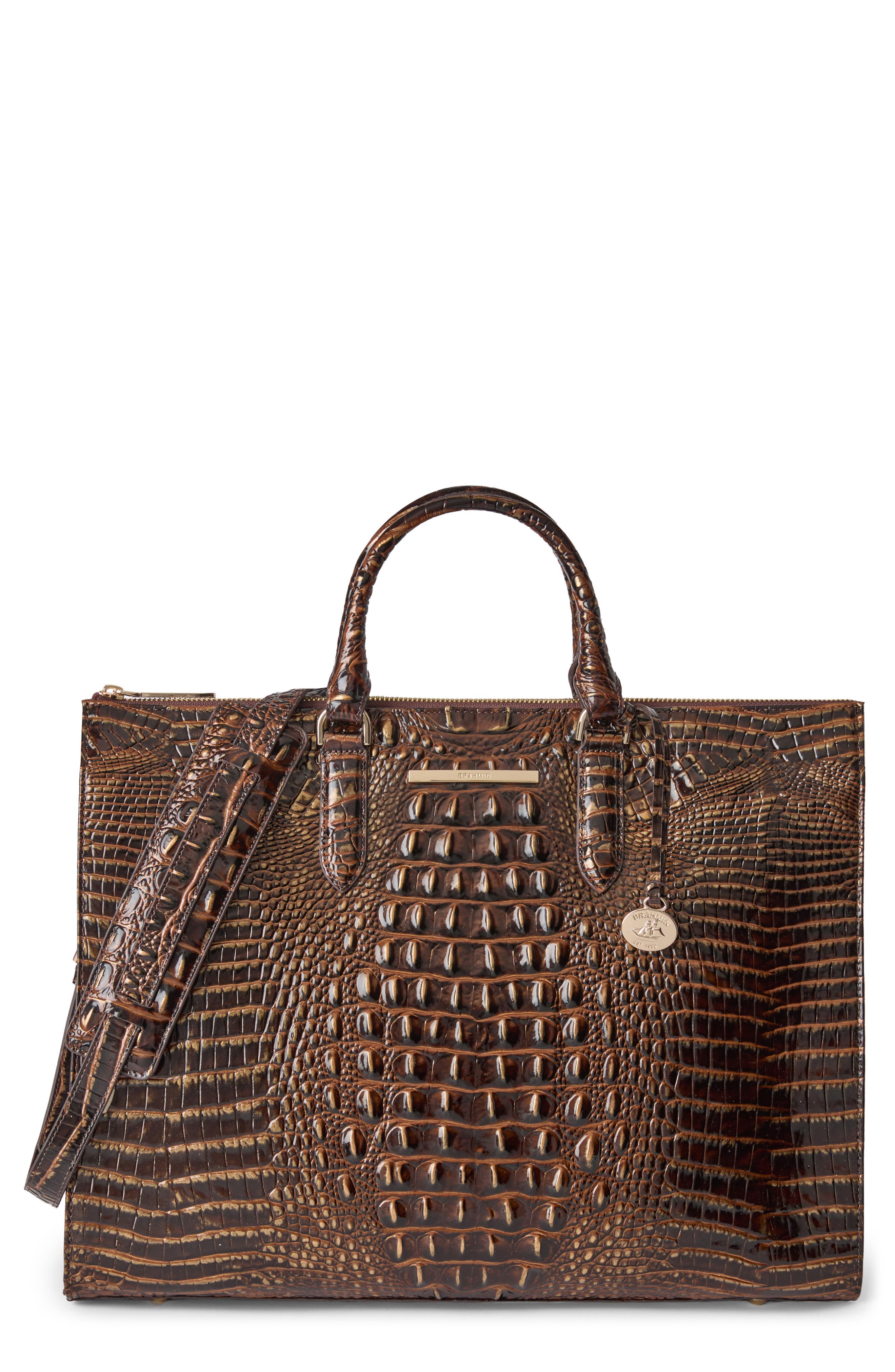 Business Croc Embossed Leather Tote, Main, color, CHOCOLATE
