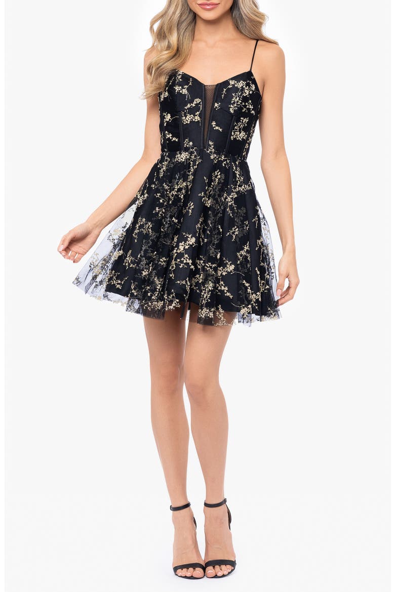 Floral Embroidery Minidress, Main, color, BLACK/GOLD