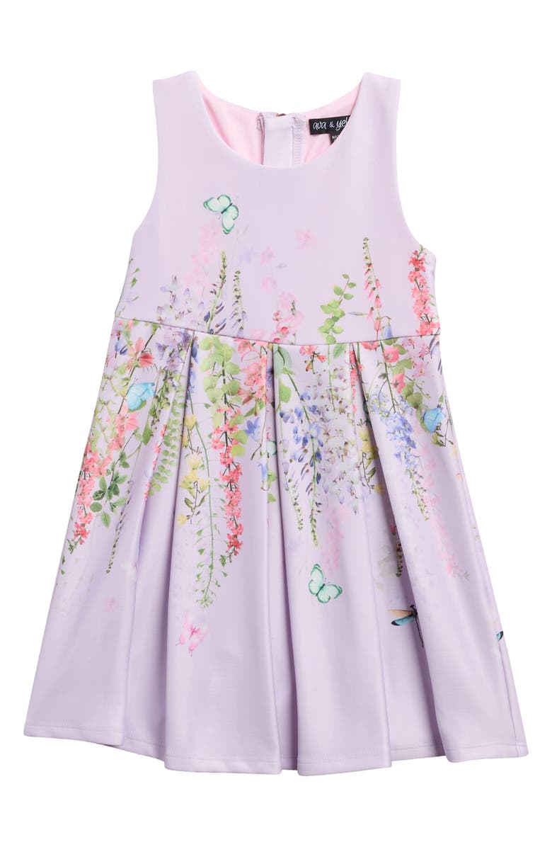 Ava & Yelly Kids' Pleated Scuba Knit Dress, Main, color, Lilac