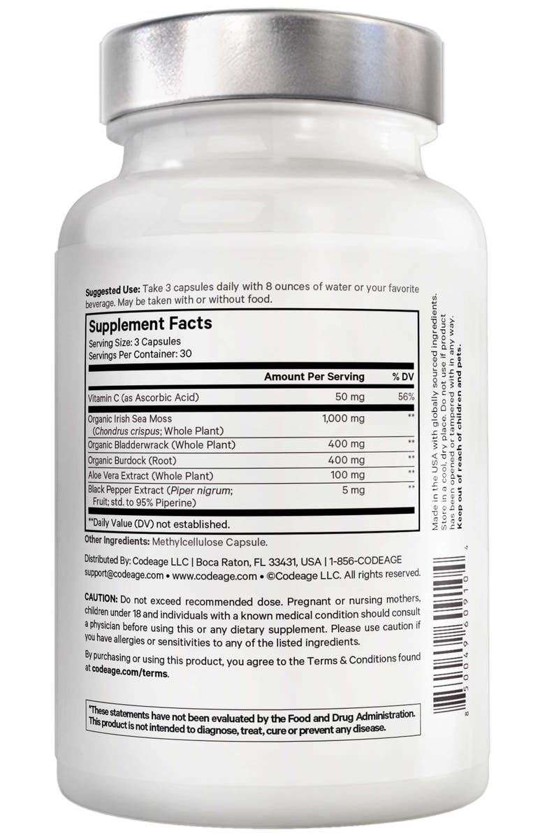 Codeage Amen Sea Moss, Bladderwrack & Burdock Seaweed Superfood, Alternate, color, White