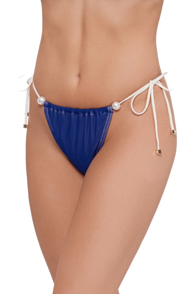 Ruched Faux Pearl Tanga Bikini Bottoms, Alternate, color, MIDNIGHT