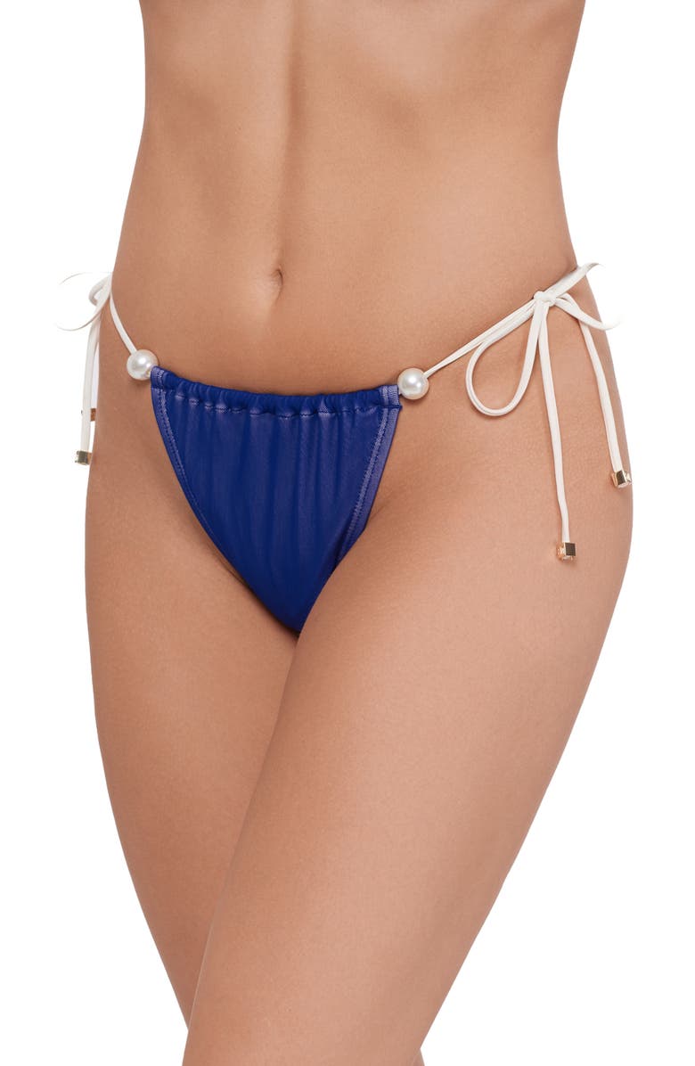 Steve Madden Ruched Faux Pearl Tanga Bikini Bottoms, Alternate, color, Midnight